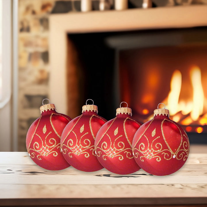 Glass Christmas Tree Ornaments - 67mm/2.625" [4 Pieces] Decorated Balls from Christmas by Krebs Seamless Hanging Holiday Decor (Red Velvet with Marquise Shapes and Scrolls)