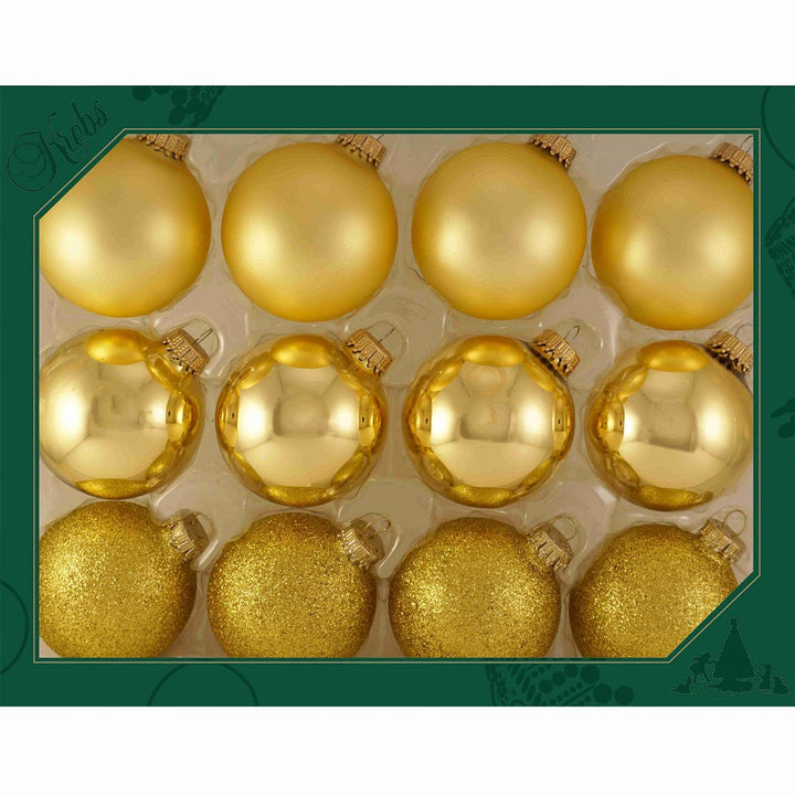 Glass Christmas Tree Ornaments - 67mm/2.63" Designer Balls from Christmas by Krebs - Seamless Hanging Holiday Decorations for Trees - Set of 12 Ornaments (Shiny, Velvet and Glitter Gold)