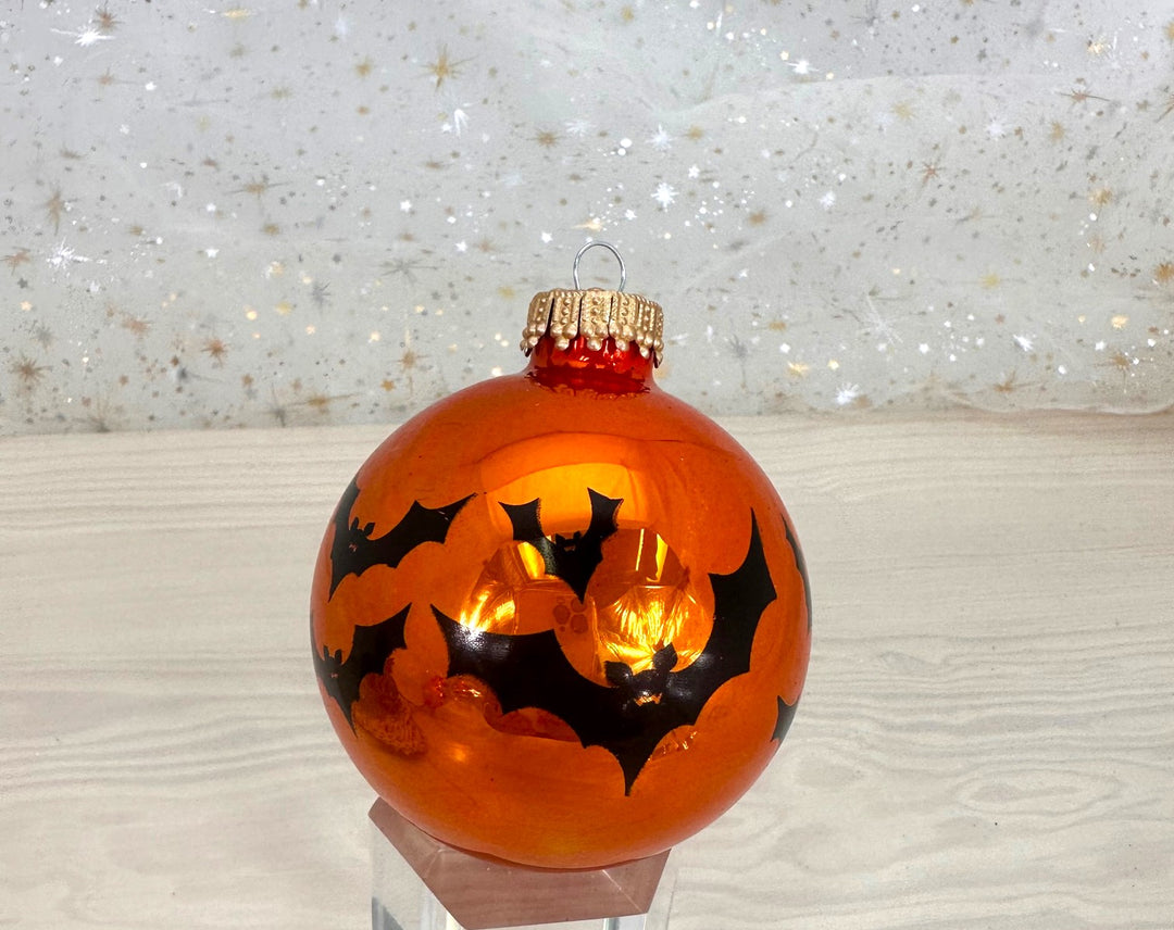Halloween Tree Ornaments - 67mm/2.625" Decorated Glass Balls from Christmas by Krebs - Handmade Seamless Hanging Holiday Decorations for Trees - Set of 4 (Shiny Orange Crush with Bats)