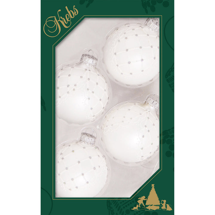 Glass Christmas Tree Ornaments - 67mm/2.625" [4 Pieces] Decorated Balls from Christmas by Krebs Seamless Hanging Holiday Decor (Silver Pearl with White Mesh Drapes)
