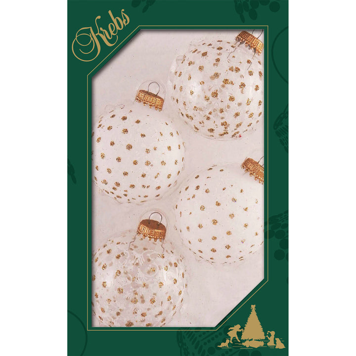 Glass Christmas Tree Ornaments - 67mm/2.63" [4 Pieces] Decorated Balls from Christmas by Krebs Seamless Hanging Holiday Decor (Clear and Frost with Lace and Gold Sparkles)
