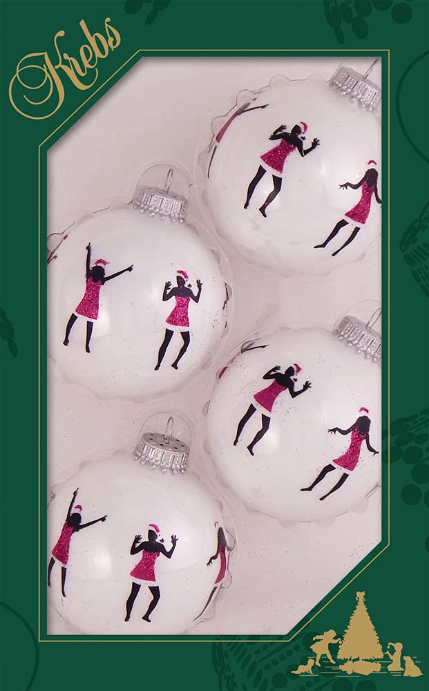 Glass Christmas Tree Ornaments - 67mm/2.63" [4 Pieces] Decorated Balls from Christmas by Krebs Seamless Hanging Holiday Decor (Porcelain White with Ladies in Pink)