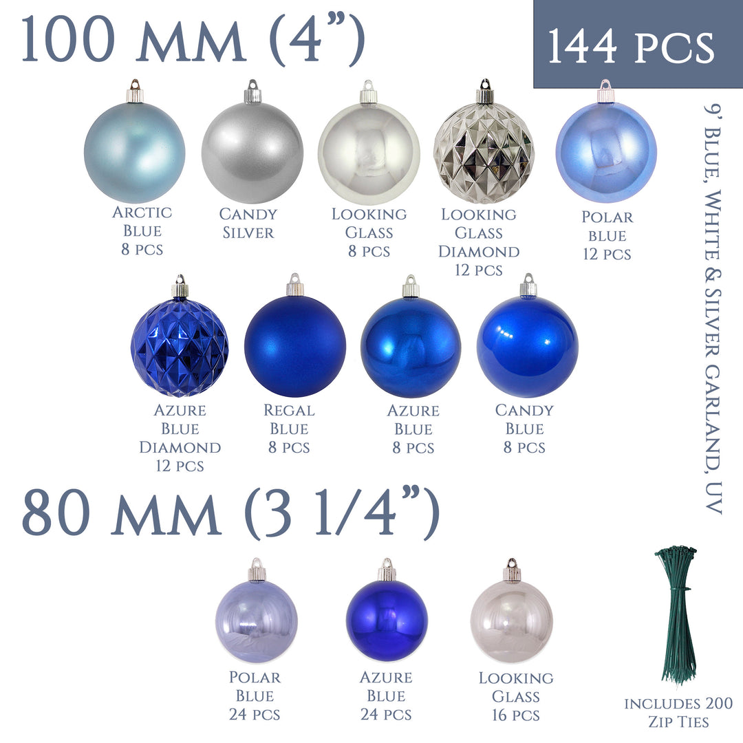 Christmas By Krebs Shatterproof 9 Ft. Garland Decorating Kits - ORNAMENTS ONLY - UV and Weather Resistant (Blue & Silver)