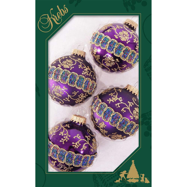 Glass Christmas Tree Ornaments - 67mm/2.63" [4 Pieces] Decorated Balls from Christmas by Krebs Seamless Hanging Holiday Decor (Shiny and Velvet Purple with Glitter & Braid)