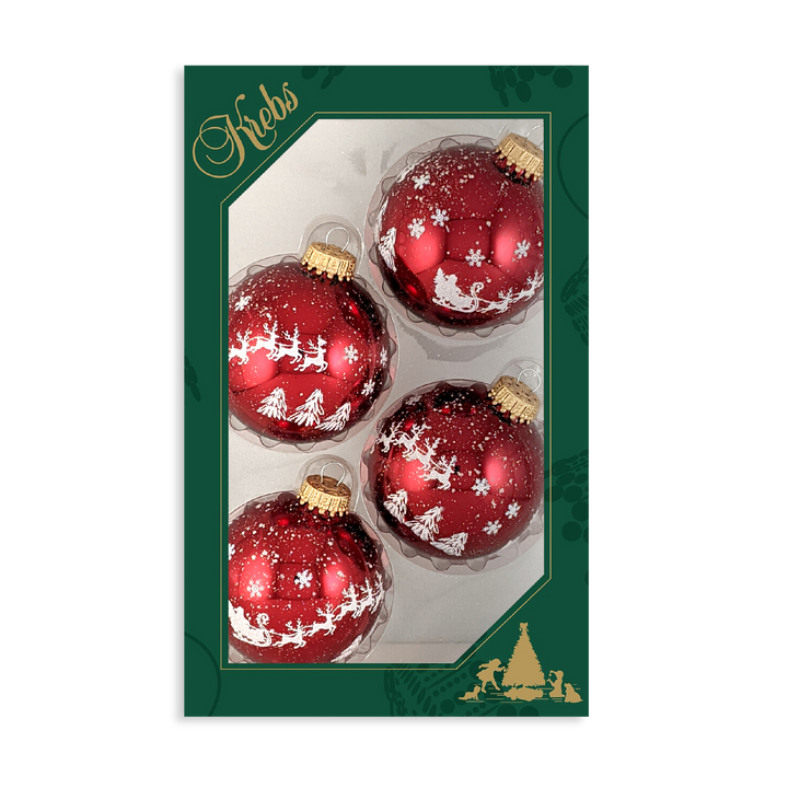Glass Christmas Tree Ornaments - 67mm/2.63" [4 Pieces] Decorated Balls from Christmas by Krebs Seamless Hanging Holiday Decor (Christmas Red with Flying Santa Sleigh)