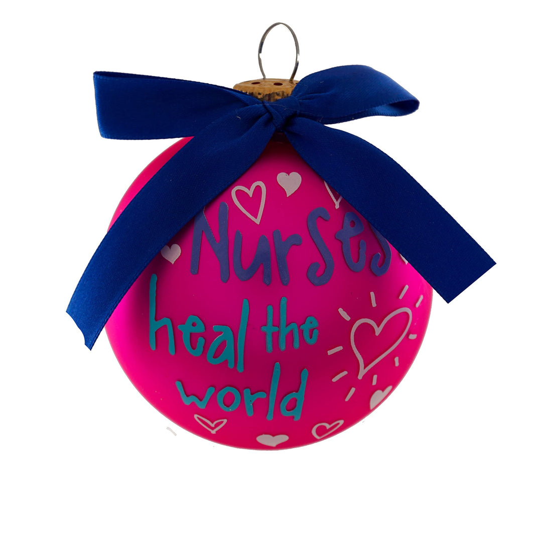 3 1/4" Pink Glass Ornament with Nurses Heal the World