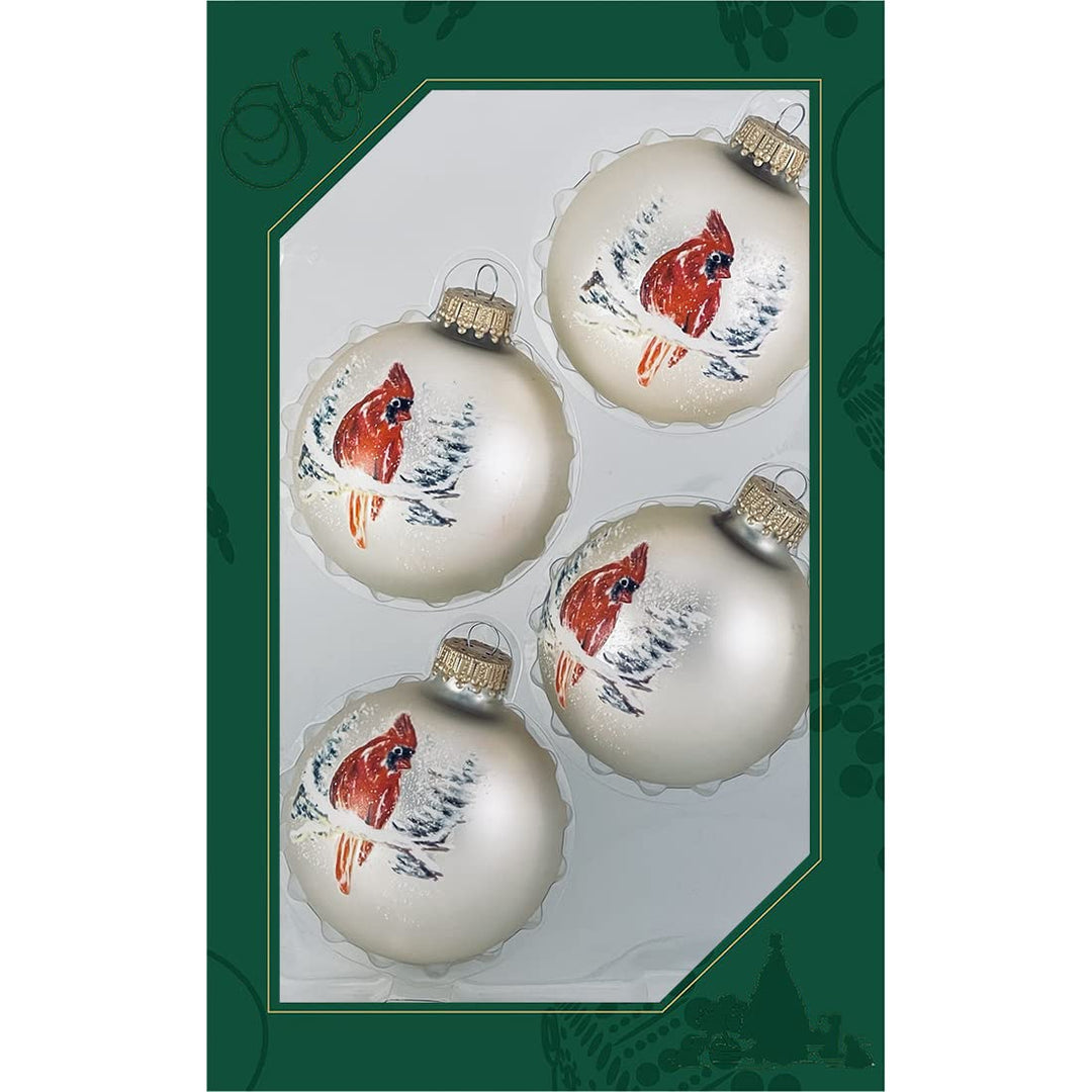 Christmas Tree Ornaments - 67mm/2.625" [4 Pieces] Decorated Glass Baubles from Christmas By Krebs - Handcrafted Seamless Hanging Holiday Decor (Velvet Oyster with Cardinal)