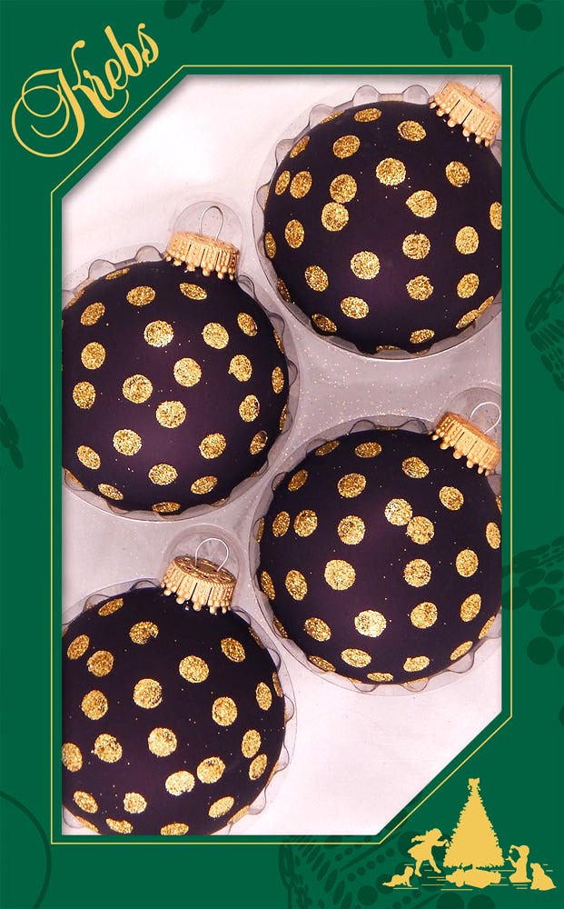 Glass Christmas Tree Ornaments - 67mm/2.63" [4 Pieces] Decorated Balls from Christmas by Krebs Seamless Hanging Holiday Decor (Ebony Velvet with Gold Dots)