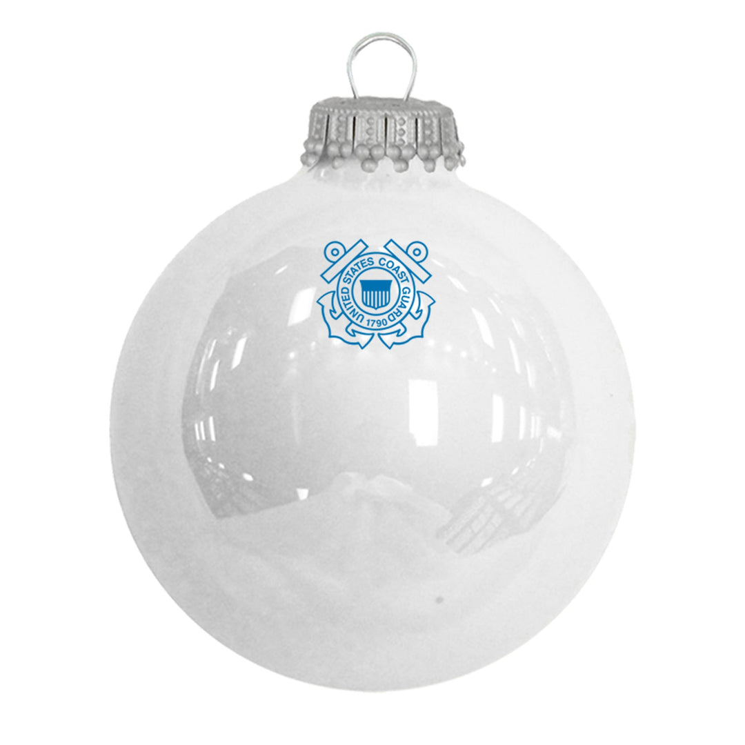 3 1/4" Personalized White Glass Ornaments with U.S. Coast Guard Seal