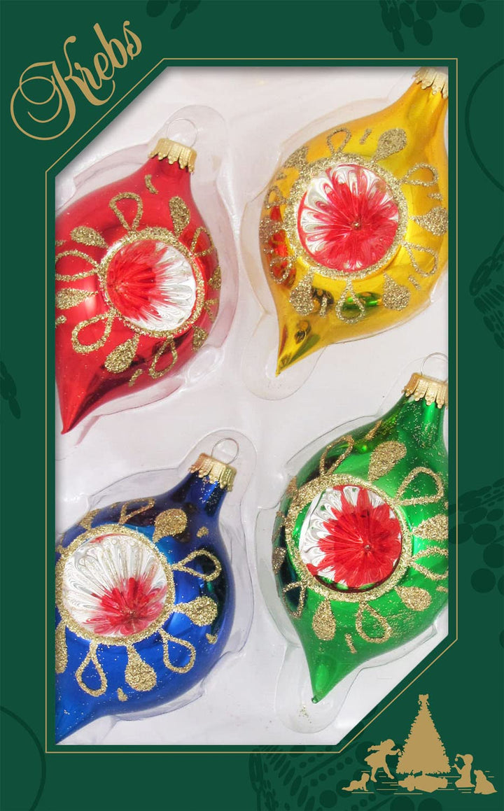 Glass Christmas Tree Ornaments - 67mm/2.63" [4 Pieces] Decorated Balls from Christmas by Krebs Seamless Hanging Holiday Decor (Traditional Colors 3.5" Onion Reflectors)