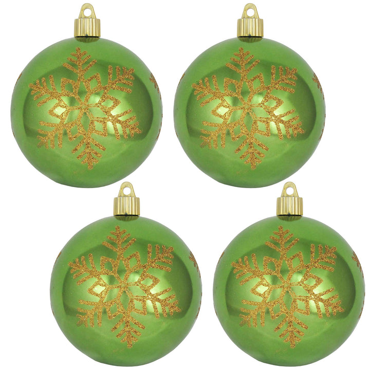 Christmas By Krebs 4" (100mm) Ornament [4 Pieces] Commercial Grade Indoor and Outdoor Shatterproof Plastic, Water Resistant Ball Decorated Ornaments (Limeade Green with Snowflake)