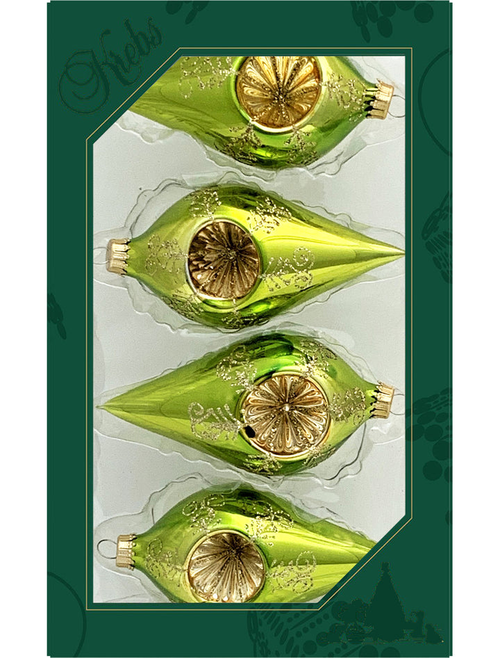 Glass Christmas Tree Ornaments - 67mm/2.625" [4 Pieces] Decorated Balls from Christmas by Krebs Seamless Hanging Holiday Decor (Shiny Green Glaze Reflector 4" Drop Shape)