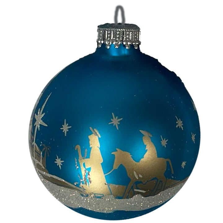 Glass Christmas Tree Ornaments - 67mm/2.63" [4 Pieces] Decorated Balls from Christmas by Krebs Seamless Hanging Holiday Decor (Turquoise Bliss Blue with Bethlehem Scene)