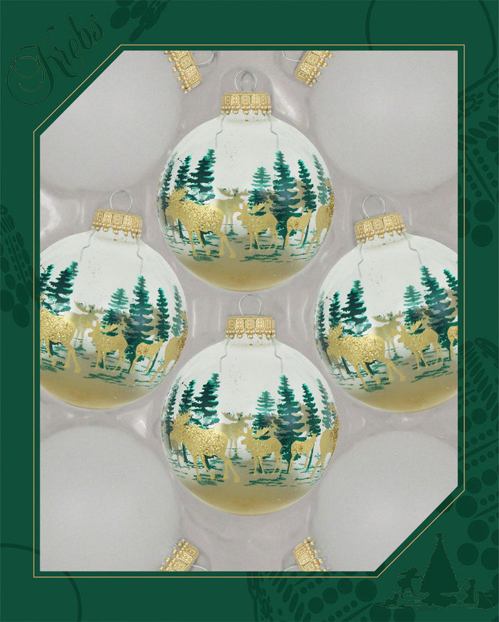 Glass Christmas Tree Ornaments - 67mm / 2.63" [8 Pieces] Designer Balls from Christmas By Krebs Seamless Hanging Holiday Decor (Snow White with Moose Scene)