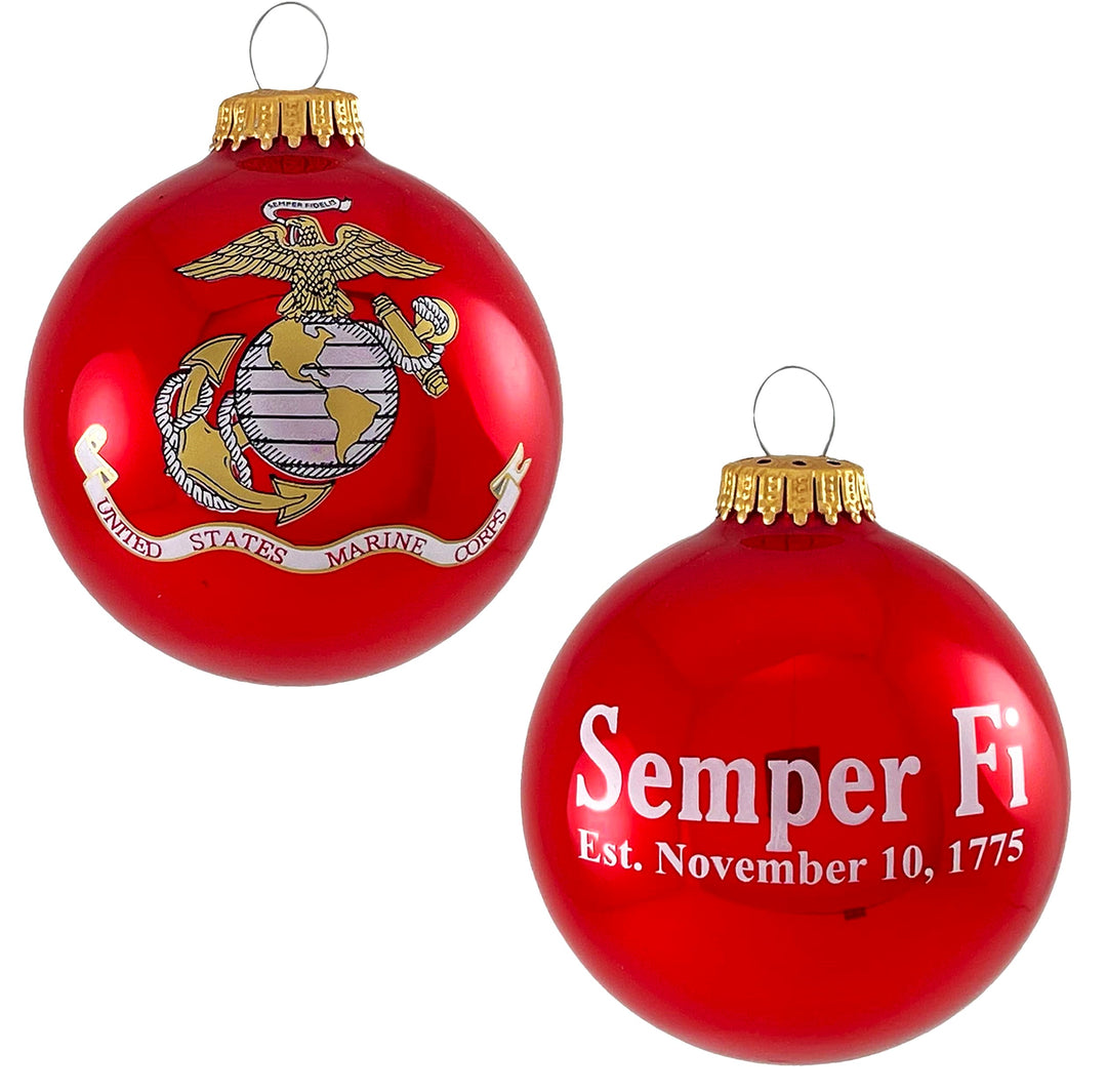 Christmas Tree Ornaments Made in the USA - 80mm / 3.25" Decorated Collectible Glass Balls from Christmas by Krebs - Handmade Hanging Holiday Decorations for Trees (Marine Corps with Established Date, Flag)