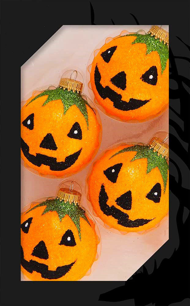 Halloween Tree Ornaments - 67mm/2.625" Decorated Glass Balls from Christmas by Krebs - Handmade Seamless Hanging Holiday Decorations for Trees - Set of 4 (Orange Glitter Jack-O-Lantern)