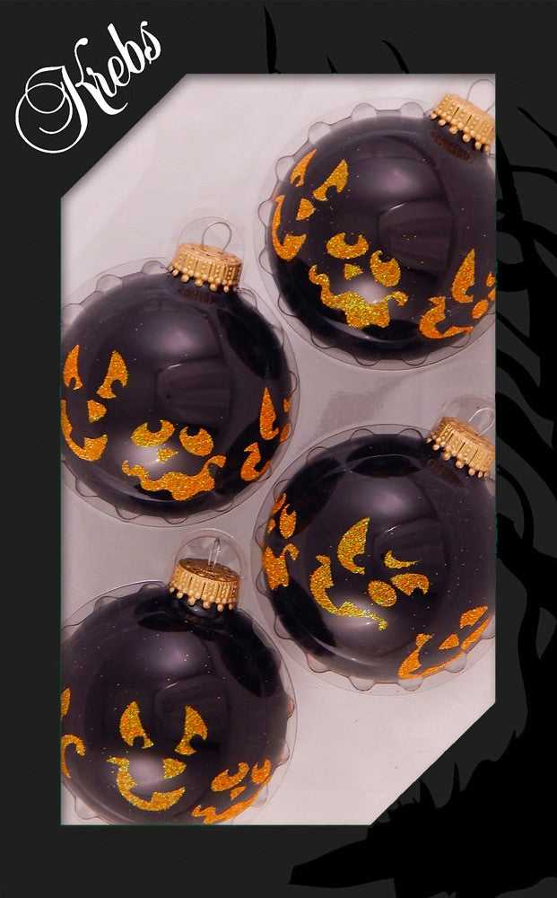 Halloween Tree Ornaments - 67mm/2.625" Decorated Glass Balls from Christmas by Krebs - Handmade Seamless Hanging Holiday Decorations for Trees - Set of 4 (Shiny Ebony Black with Faces)