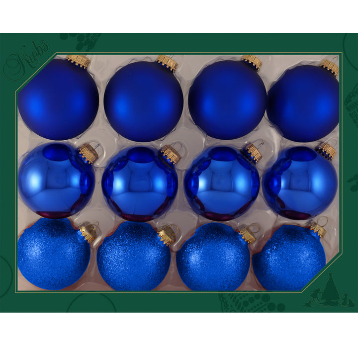 Glass Christmas Tree Ornaments - 67mm/2.63" Designer Balls from Christmas by Krebs - Seamless Hanging Holiday Decorations for Trees - Set of 12 Ornaments (Shiny, Velvet and Glitter Blue)