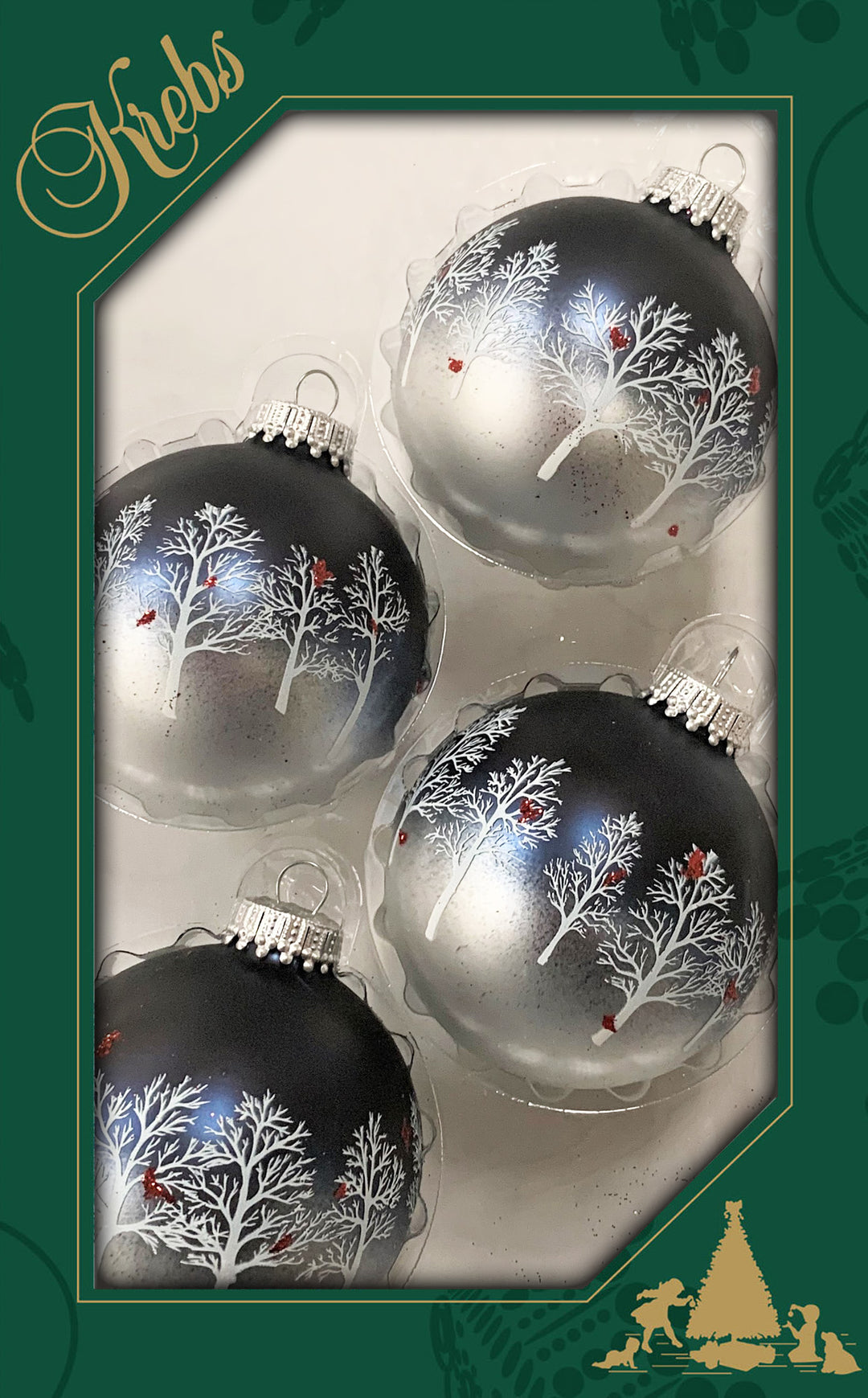 Glass Christmas Tree Ornaments - 67mm/2.63" [4 Pieces] Decorated Balls from Christmas by Krebs Seamless Hanging Holiday Decor (Midnight Haze & Silver w/ Trees & Cardinals)