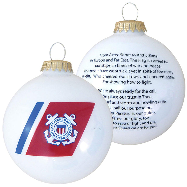 Christmas Tree Ornaments Made in the USA - 80mm / 3.25" Decorated Collectible Glass Balls from Christmas by Krebs - Handmade Hanging Holiday Decorations for Trees (Coast Guard Seal, Hymn-Shiny)