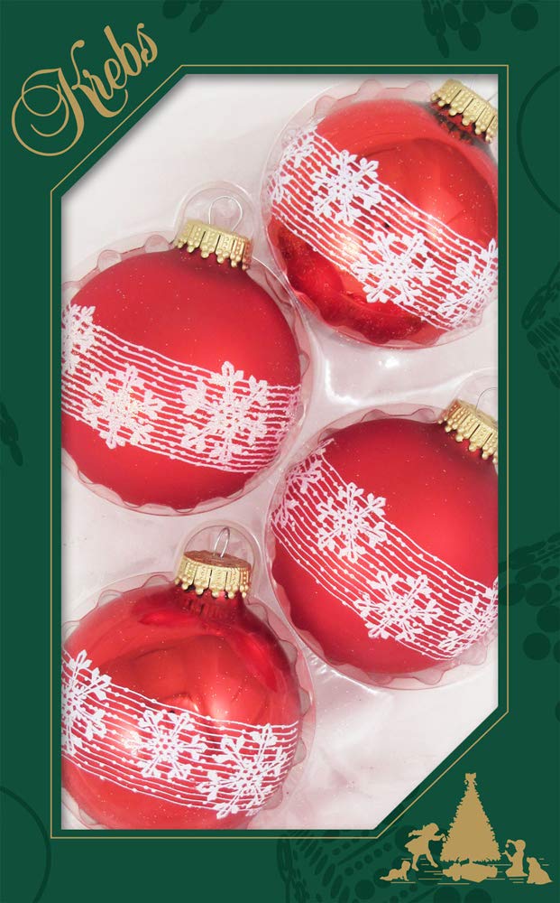 Glass Christmas Tree Ornaments - 67mm/2.63" [4 Pieces] Decorated Balls from Christmas by Krebs Seamless Hanging Holiday Decor (Brilliant Red Shine with Blowing Snowflakes)