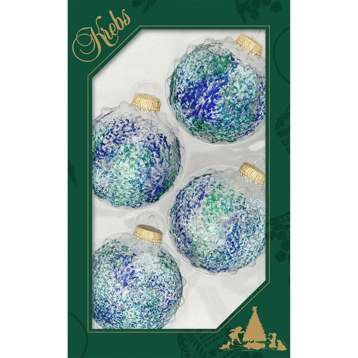 Glass Christmas Tree Ornaments - 67mm/2.63" [4 Pieces] Decorated Balls from Christmas by Krebs Seamless Hanging Holiday Decor (Clear with Blue Glitter Sponge Pattern)
