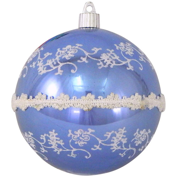 Christmas By Krebs 4 3/4" (120mm) Ornament [4 Pieces] Commercial Grade Indoor & Outdoor Shatterproof Plastic, Water Resistant Ball Shape Ornament Decorations (Polar Blue/White Glitterlace and Braid)