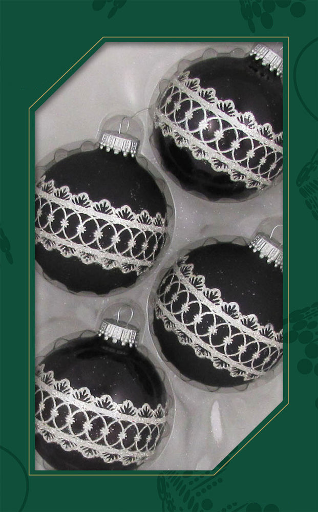 Glass Christmas Tree Ornaments - 67mm/2.63" [4 Pieces] Decorated Balls from Christmas by Krebs Seamless Hanging Holiday Decor (Ebony Shine & Velvet Black with Silver Fancy Band)