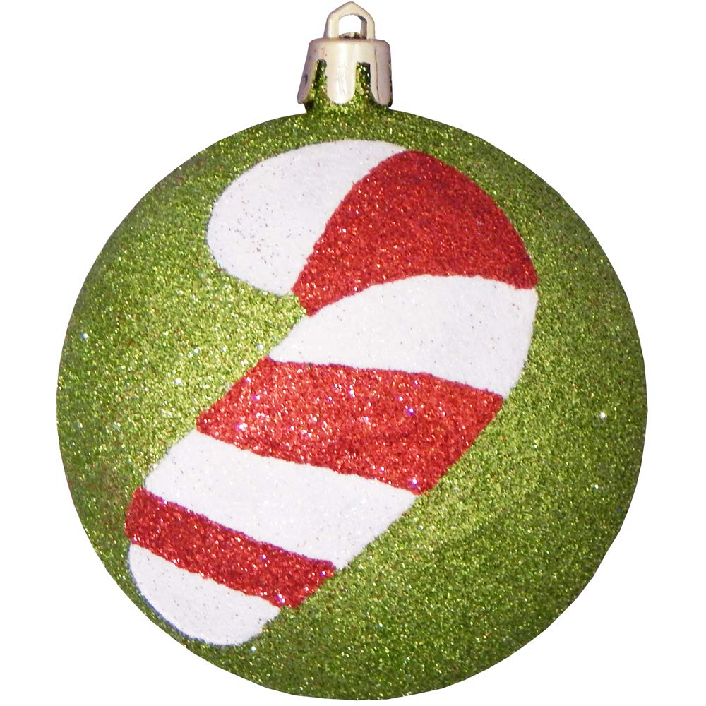 Christmas By Krebs 3 1/4" (80mm) Ornament [4 Pieces] Commercial Grade Indoor and Outdoor Shatterproof Plastic, Water Resistant Ball Shape Ornament Decorations (Green with Candy Canes)