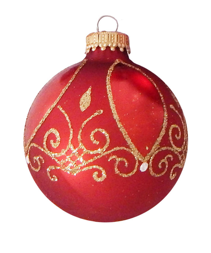 Glass Christmas Tree Ornaments - 67mm/2.625" [4 Pieces] Decorated Balls from Christmas by Krebs Seamless Hanging Holiday Decor (Red Velvet with Marquise Shapes and Scrolls)