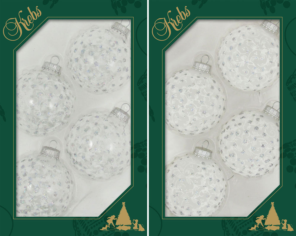Glass Christmas Tree Ornaments - 67mm / 2.63" [8 Pieces] Designer Balls from Christmas By Krebs Seamless Hanging Holiday Decor (Clear & Frost White Lace & Silver Sparkles)