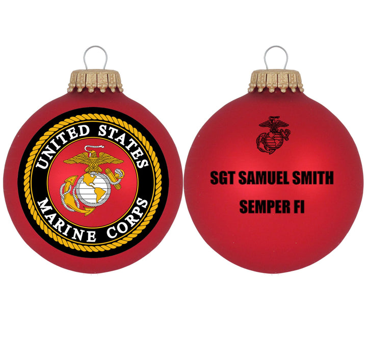 3 1/4" Personalized Red Glass Ornaments with U.S. Marines Seal