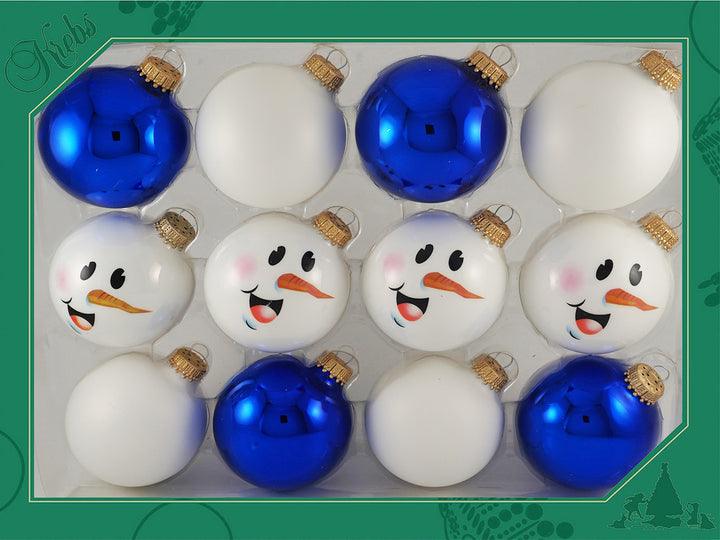 Glass Christmas Tree Ornaments - 67mm/2.63" Designer Balls from Christmas by Krebs - Seamless Hanging Holiday Decorations for Trees - Set of 12 Ornaments (Blue and White with Snowman Face)