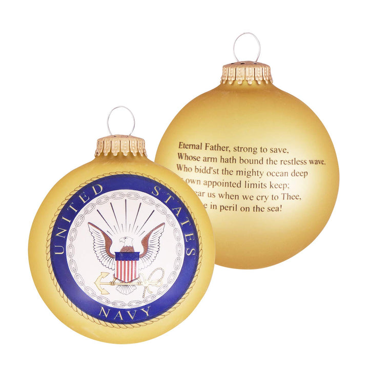Christmas Tree Ornaments Made in the USA - 80mm / 3.25" Decorated Collectible Glass Balls from Christmas by Krebs - Handmade Hanging Holiday Decorations for Trees (Navy Emblem, Hymn)