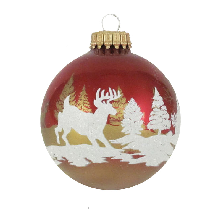 Glass Christmas Tree Ornaments - 67mm / 2.63" [8 Pieces] Designer Balls from Christmas By Krebs Seamless Hanging Holiday Decor (Ribbon Red with Winter Deer Scene)