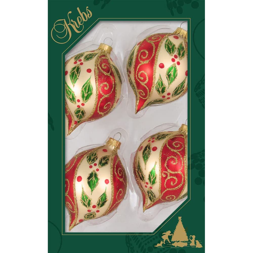 Christmas Tree Ornaments - 67mm/2.625" [4 Pieces] Decorated Glass Balls from Christmas by Krebs - Handmade Seamless Hanging Holiday Decorations for Trees (Chiffon Gold 3.5" Onion with Holly & Scrolls)