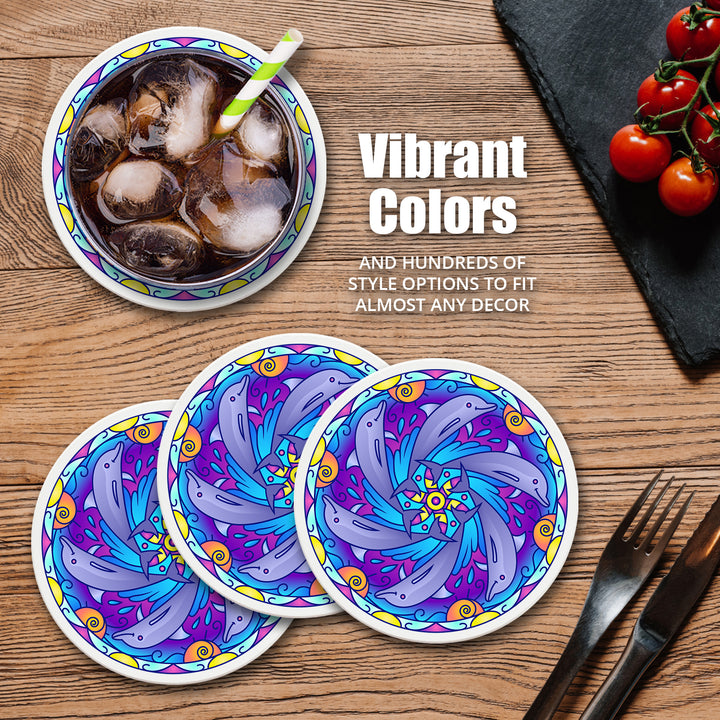 4" Round Absorbent Ceramic Designer Coasters - Mandala Panda, Set of 4