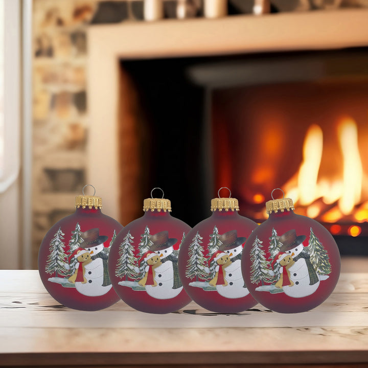 Glass Christmas Tree Ornaments - 67mm/2.63" [4 Pieces] Decorated Balls from Christmas by Krebs Seamless Hanging Holiday Decor (Port Velvet with Snowman & Bear)