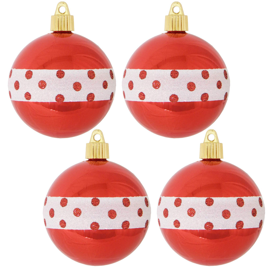 Christmas By Krebs 3 1/4" (80mm) Ornament [4 Pieces] Commercial Grade Indoor and Outdoor Shatterproof Plastic, Water Resistant Ball Shape Ornament Decorations (Red with Dots)