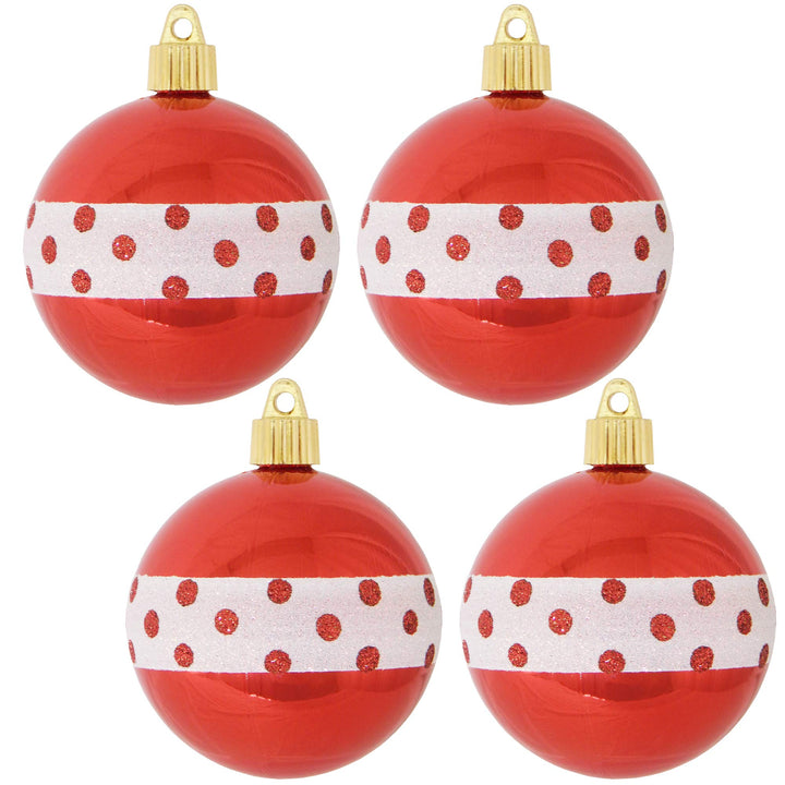 Christmas By Krebs 3 1/4" (80mm) Ornament [4 Pieces] Commercial Grade Indoor and Outdoor Shatterproof Plastic, Water Resistant Ball Shape Ornament Decorations (Red with Dots)