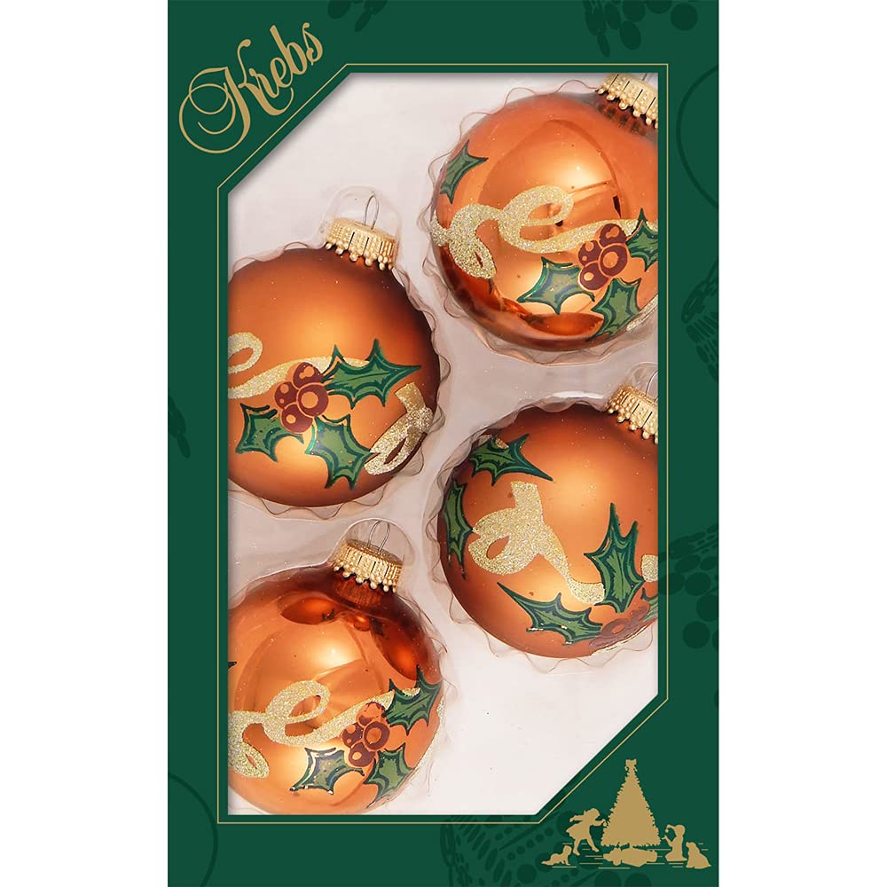 Glass Christmas Tree Ornaments - 67mm/2.625" [4 Pieces] Decorated Balls from Christmas by Krebs Seamless Hanging Holiday Decor (Copper Shine and Velvet with Holly & Ribbon)