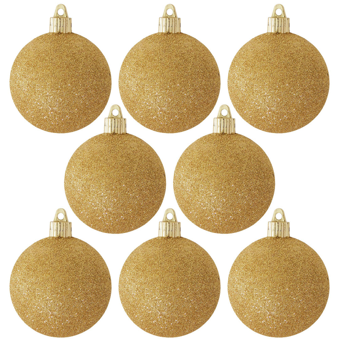 Christmas By Krebs 3 1/4" (80mm) Gold Glitter [8 Pieces] Solid Commercial Grade Indoor and Outdoor Shatterproof Plastic, Water Resistant Ball Ornament Decorations