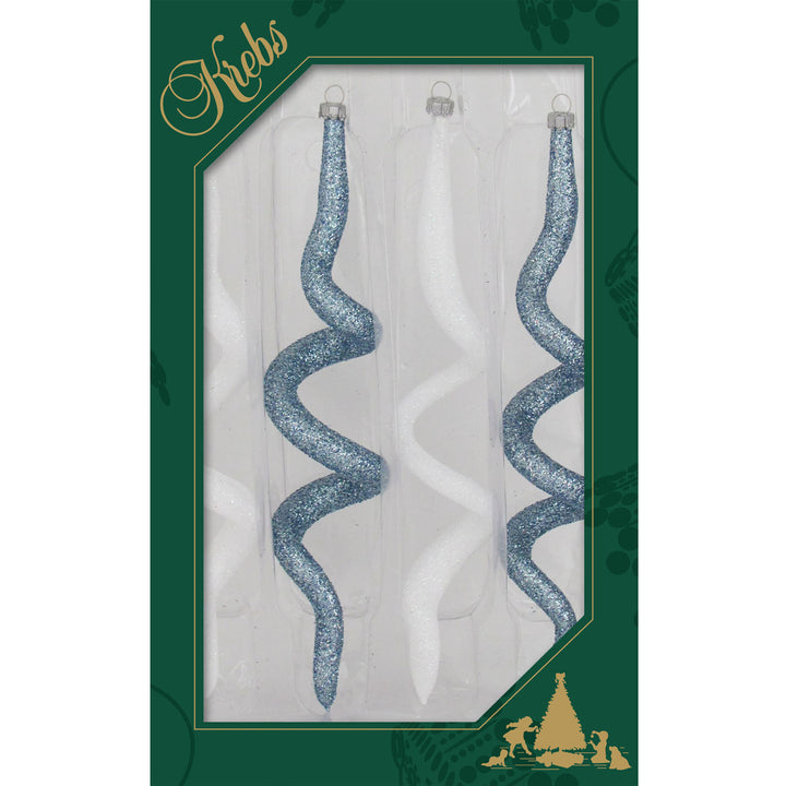Glass Christmas Tree Ornaments - Decorated from Christmas by Krebs - Handmade Seamless Hanging Holiday Decorations for Trees (7 1/2" White Glitter & Light Blue Glitter Corkscrews [4 Pieces])