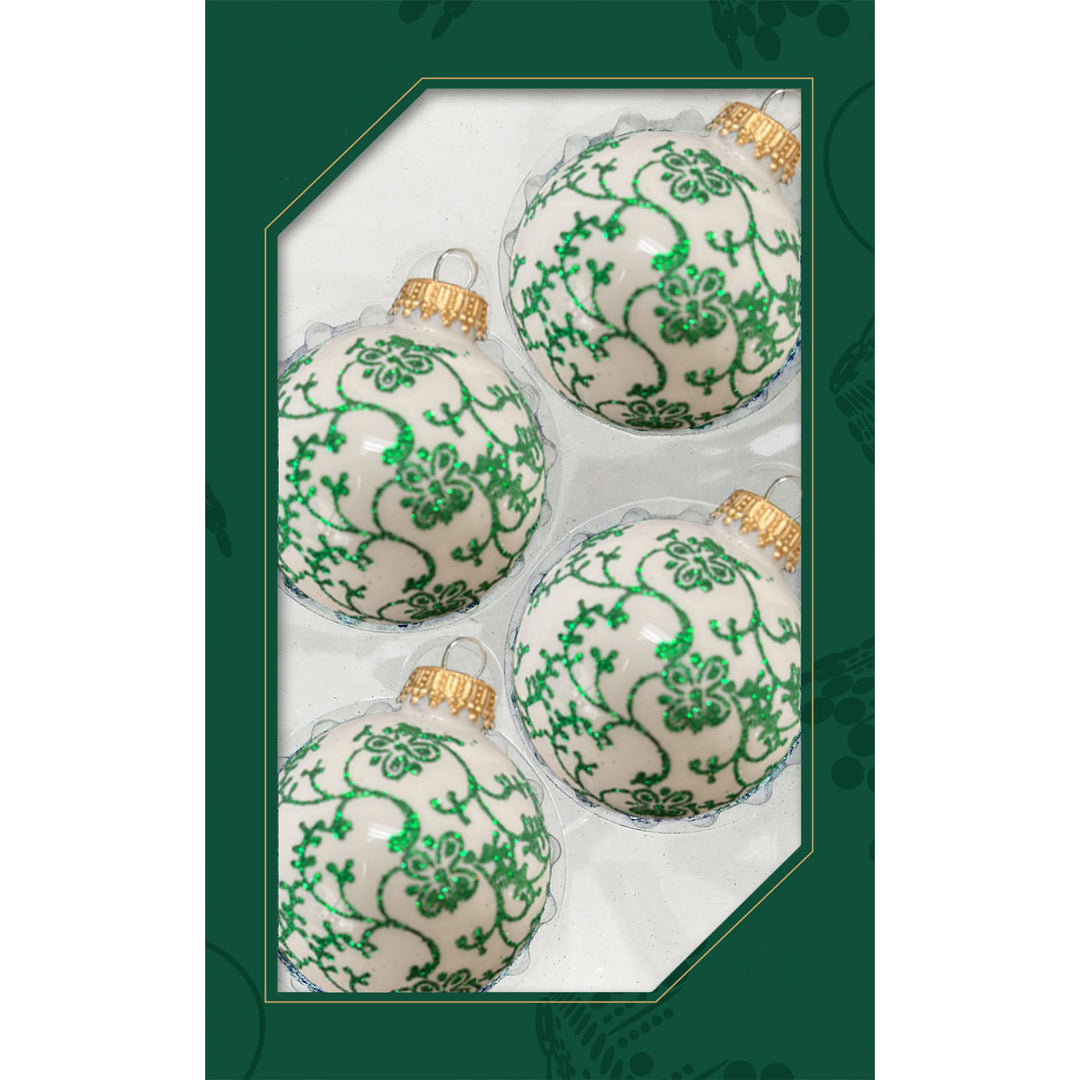 Glass Christmas Tree Ornaments - 67mm/2.625" [4 Pieces] Decorated Balls from Christmas by Krebs Seamless Hanging Holiday Decor (Porcelain White with Green Floral Glitterlace)
