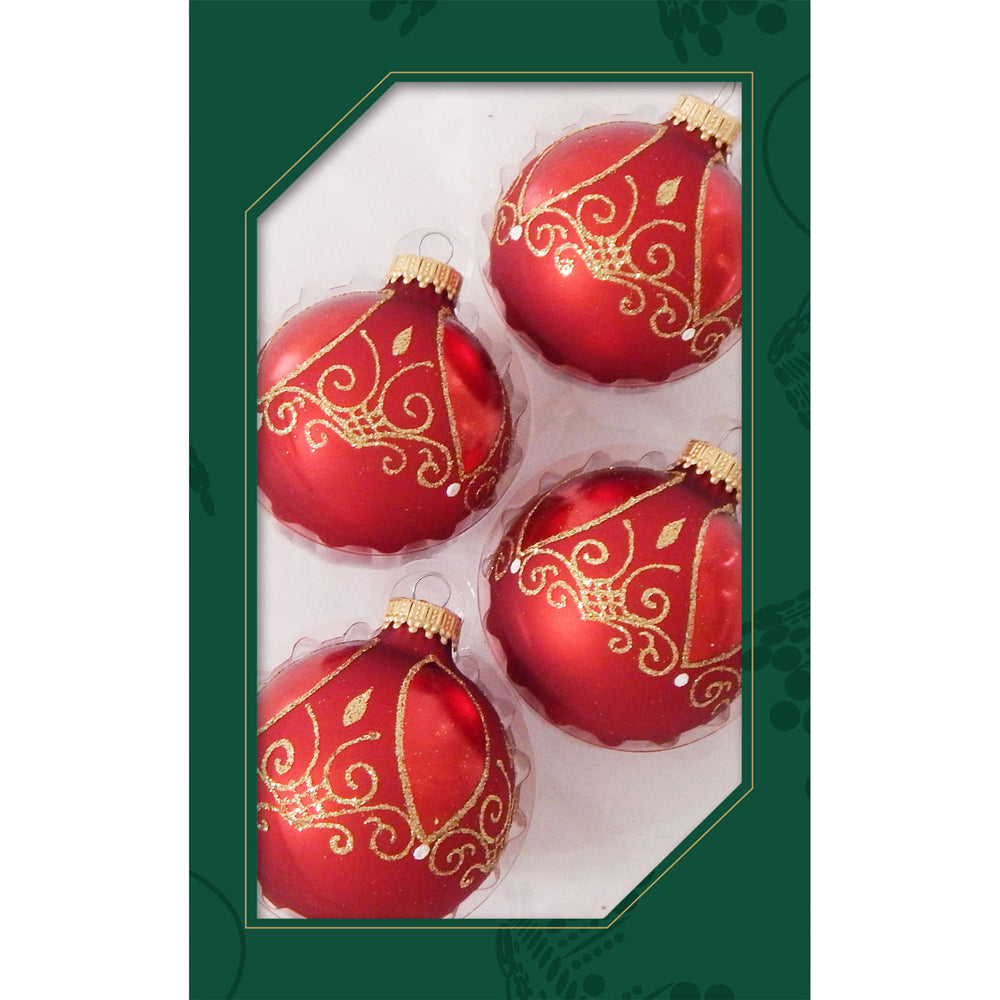 Glass Christmas Tree Ornaments - 67mm/2.625" [4 Pieces] Decorated Balls from Christmas by Krebs Seamless Hanging Holiday Decor (Red Velvet with Marquise Shapes and Scrolls)