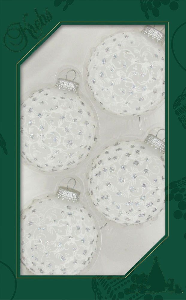 Glass Christmas Tree Ornaments - 67mm/2.63" [4 Pieces] Decorated Balls from Christmas by Krebs Seamless Hanging Holiday Decor (Frost with White Lace and Silver Sparkles)