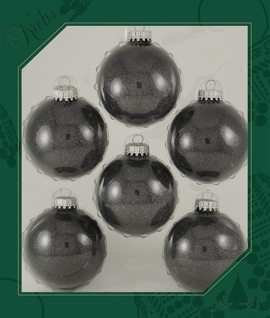 Christmas Tree Ornaments - 67mm / 2.625" [6 Pieces] Designer Glass Baubles from Christmas By Krebs - Handcrafted Seamless Hanging Holiday Decor for Trees (Black Sparkle)