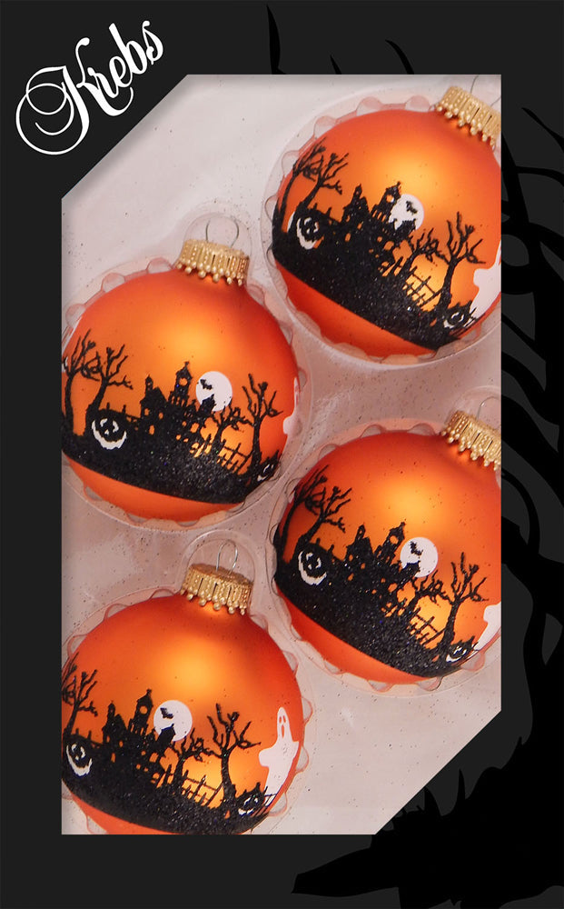 Halloween Tree Ornaments - 67mm/2.625" Decorated Glass Balls from Christmas by Krebs - Handmade Seamless Hanging Holiday Decorations for Trees - Set of 4 (Velvet Wildfire Orange with Graveyard)