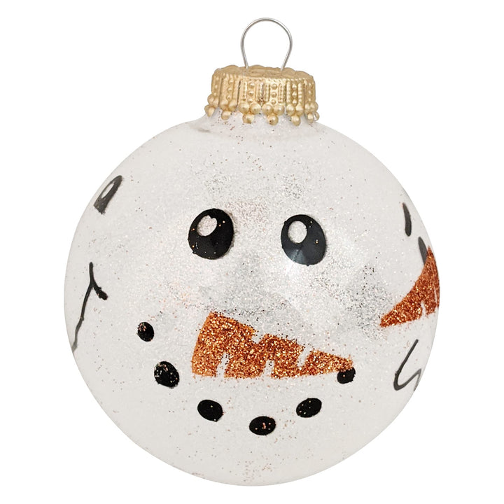 Glass Christmas Tree Ornaments - 67mm/2.63" [4 Pieces] Decorated Balls from Christmas by Krebs Seamless Hanging Holiday Decor (Snow Sparkle White with Snowman Faces)