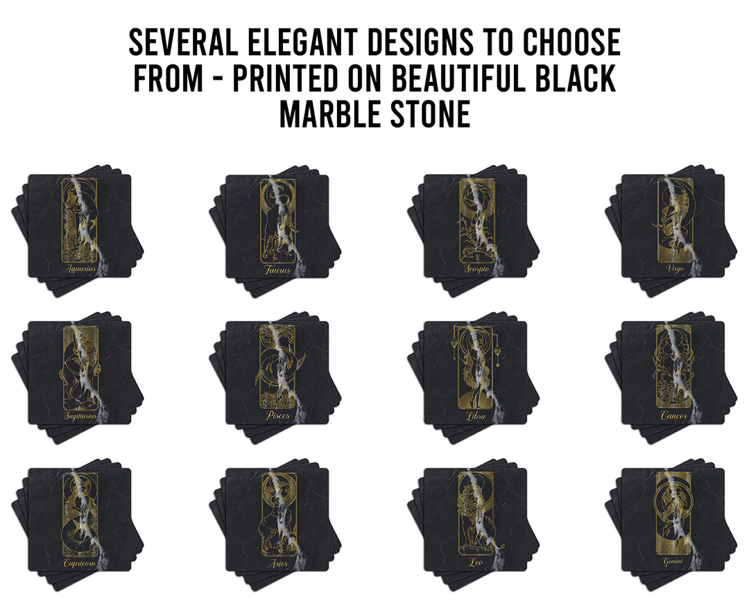Krebs Bar Coaster Set of 4-4" Black Marble Stone |  Zodiac Tarot | Birthday Gift